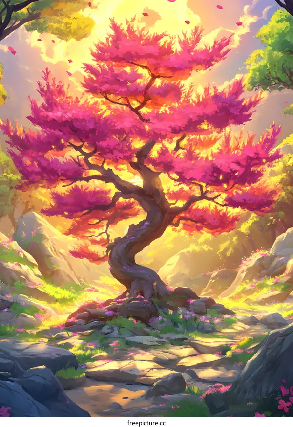 Digital Art Illustration Of A Blooming Tree In The Forest