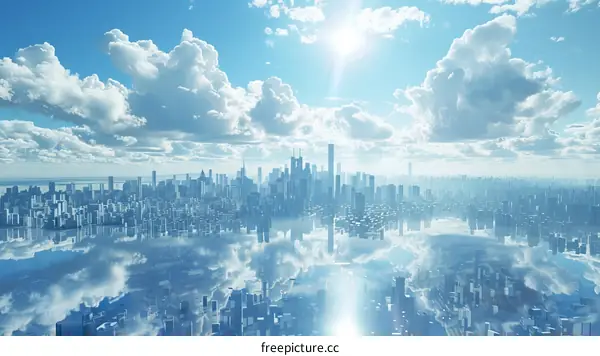 Aerial View of a Futuristic City on a Cloud-like Sky