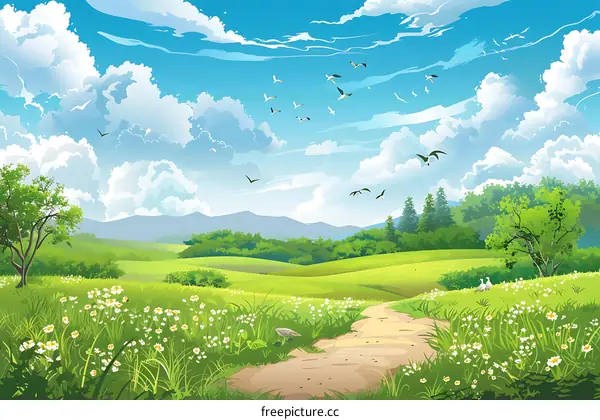 Beautiful Green Meadow Landscape With Sky And Birds