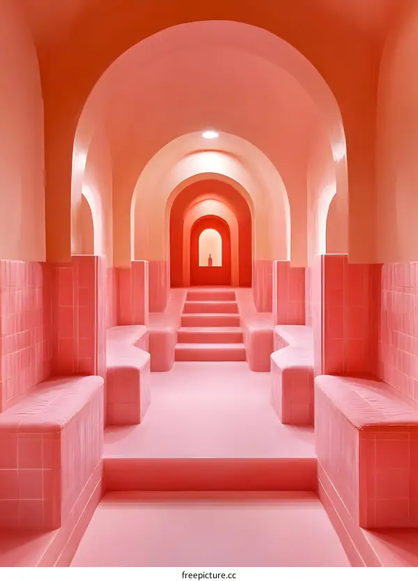 Pink Arches Hallway with Benches