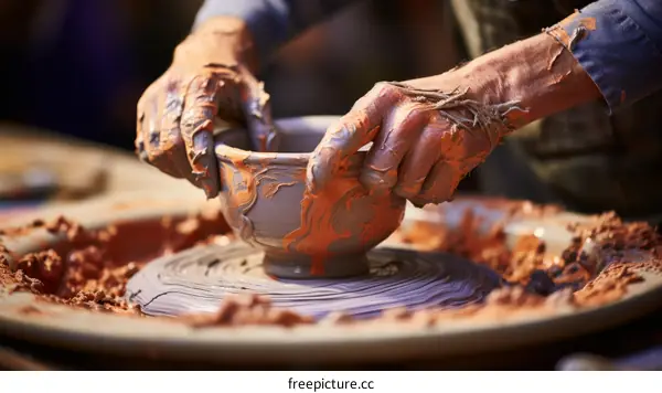 The potter's hands shape the clay on the spinning wheel