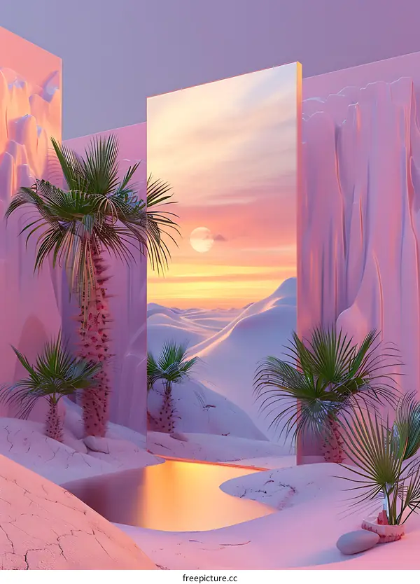 Desert Landscape with Palm Trees and Sunset Sky