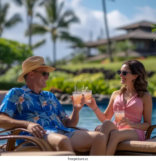 Couple in Hawaiian shirts toasting with tropical drinks by the pool