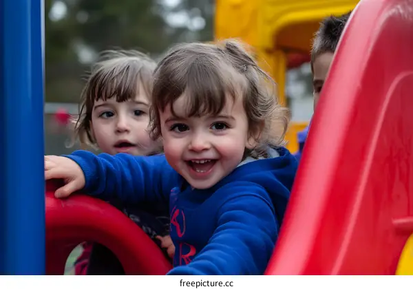 Smiling Child on Playground Slide with Friends