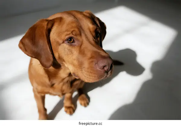 A close-up shot of a brown dog sitting on a light floor
