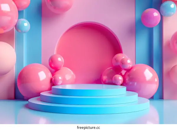 pink and blue pastel podium with pink and blue pastel balls