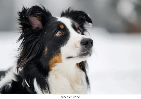A Border Collie looking up in the snow