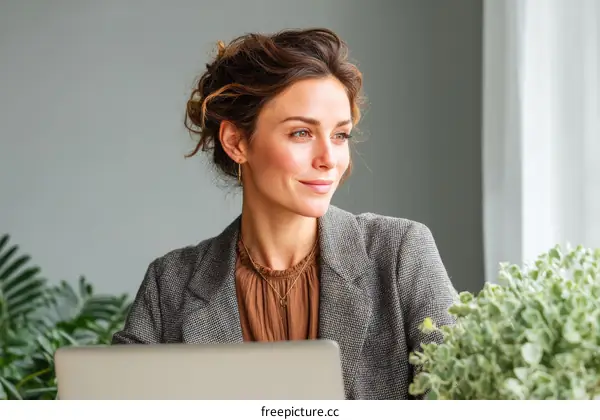Thoughtful Woman Working at Laptop