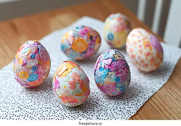 Colorful Decorated Easter Eggs on Wooden Table
