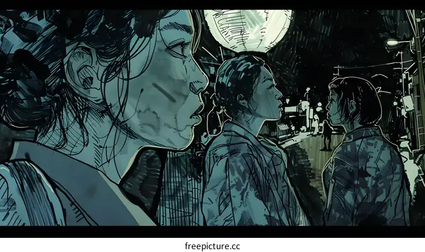 Three Women Walking on a Street at Night in Japan