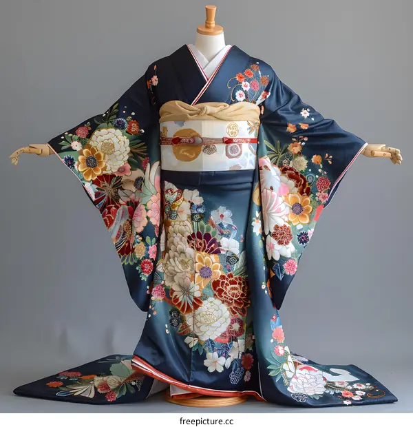 Traditional Japanese Kimono With Floral Embroidery