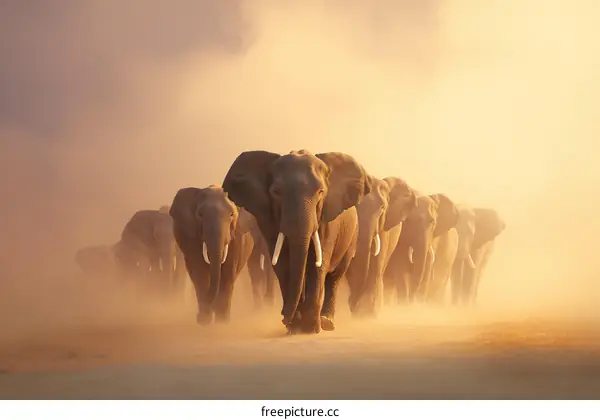 African Elephants Herding in a Dust Storm