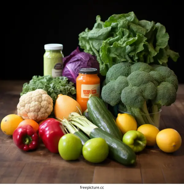 Fresh organic vegetables and fruits on a wooden table