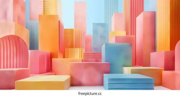 A 3D rendering of a colorful city with geometric shapes.