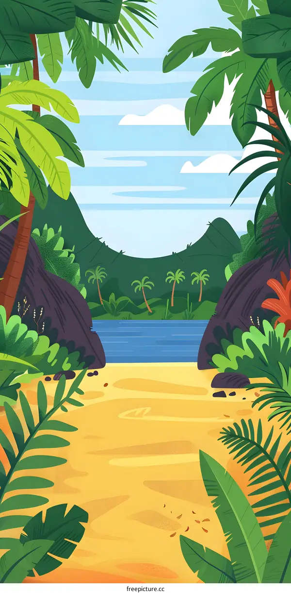 Tropical Beach Illustration With Palm Trees And Blue Water