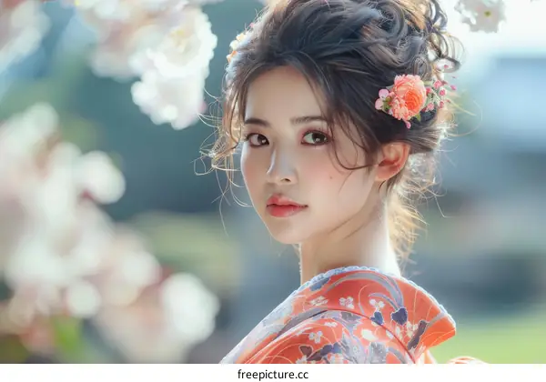 Portrait of a beautiful Asian woman in traditional Japanese kimono with pink flowers in her hair