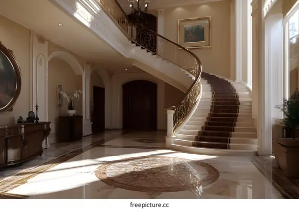 Grand Staircase Interior Design with Marble Floor