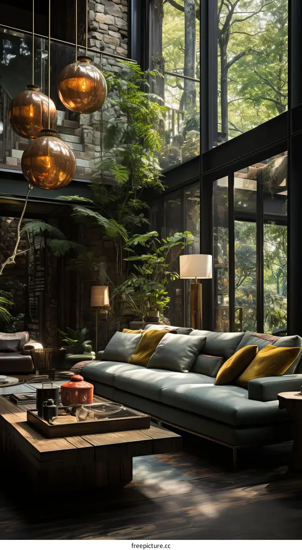 Modern living room interior with large windows and green plants