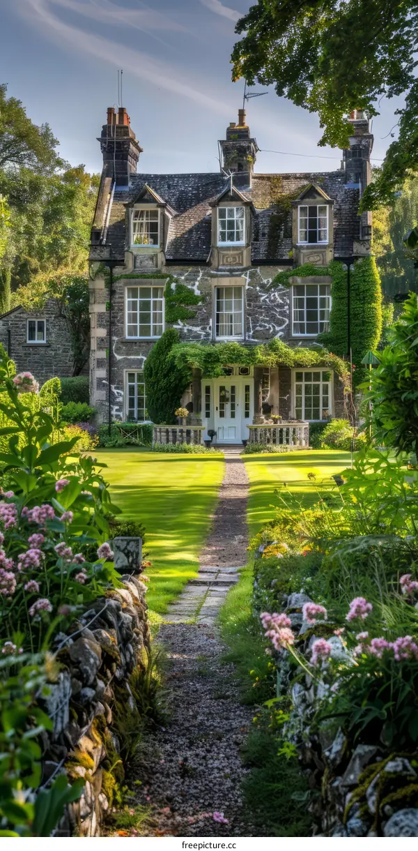 Stone country house with garden and flowers