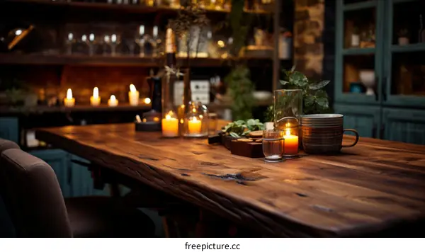 Rustic Wooden Table with Candles and Decorative Accents