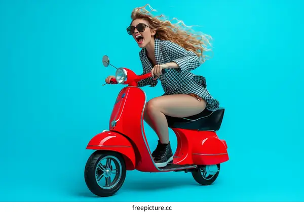 Woman Riding a Red Scooter Against a Blue Background