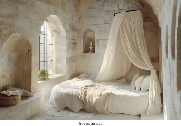 Stone Wall Bedroom with Canopy Bed and Window