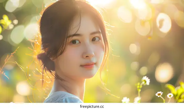 Beautiful Asian Woman in a Flower Field with Sunbeams