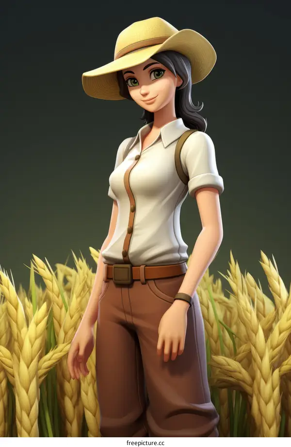 A female farmer wearing a hat standing in a wheat field