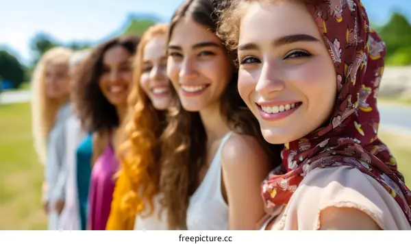A group of diverse women smiling and posing together outside