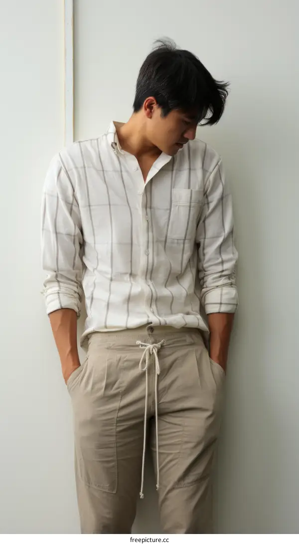 Asian man wearing a striped shirt and khaki pants with his hands in his pockets