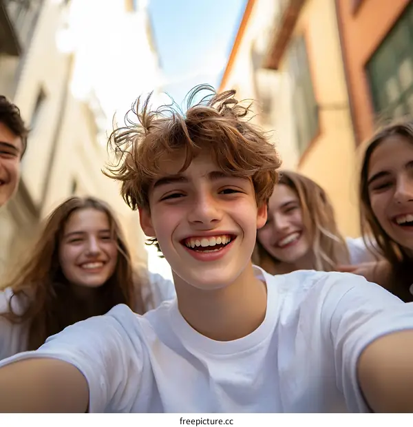 Group of Friends Smiling and Taking Selfie in the City