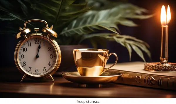 Gilded reverie with cup, book and clock