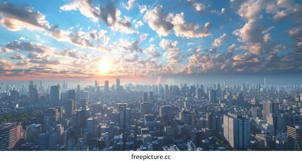 Sunrise over a futuristic cityscape panorama