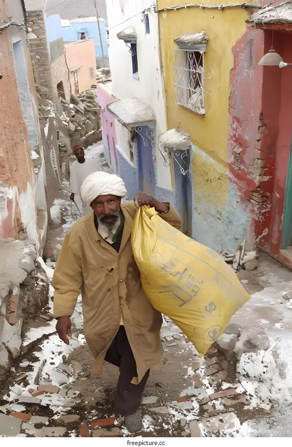 Man Carrying Sack in Narrow Street of Morocco