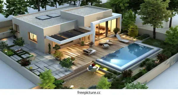 A 3D rendering of a modern house with a pool