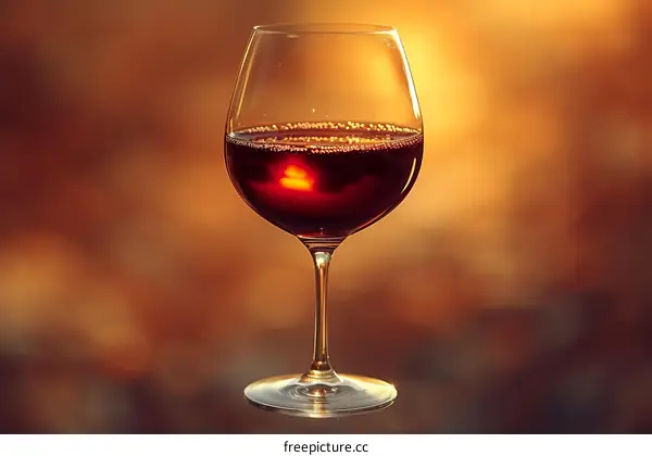 A glass of red wine with a sunset in the background