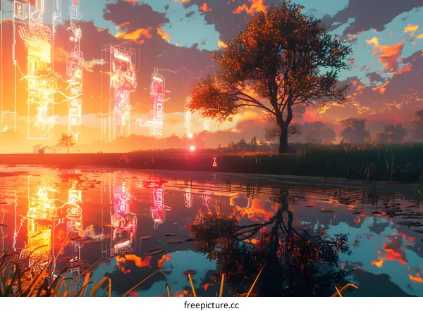 Cyberpunk Cityscape Reflected in Lake