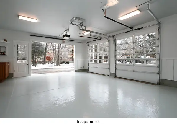 Spacious Modern Garage Interior with Winter Landscape View