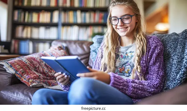Teenage Girl Reading a Book on a Sofa