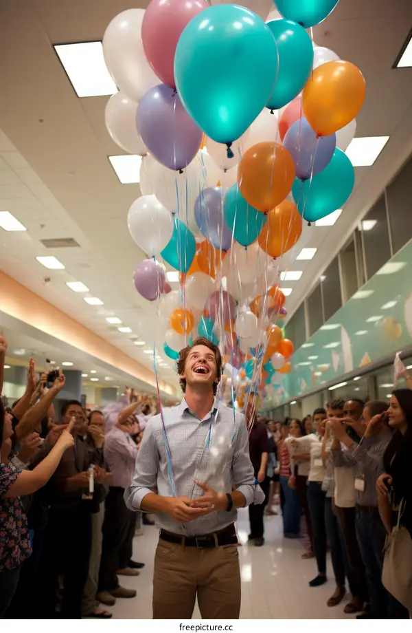 Man surrounded by colorful balloons with people in the background