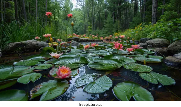 Serene Water Lily Pond in a Woodland Paradise