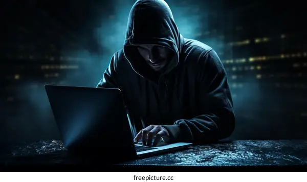 Man in a hoodie using laptop in the dark
