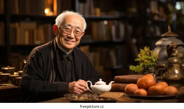 Portrait of a smiling elderly Asian man in a library