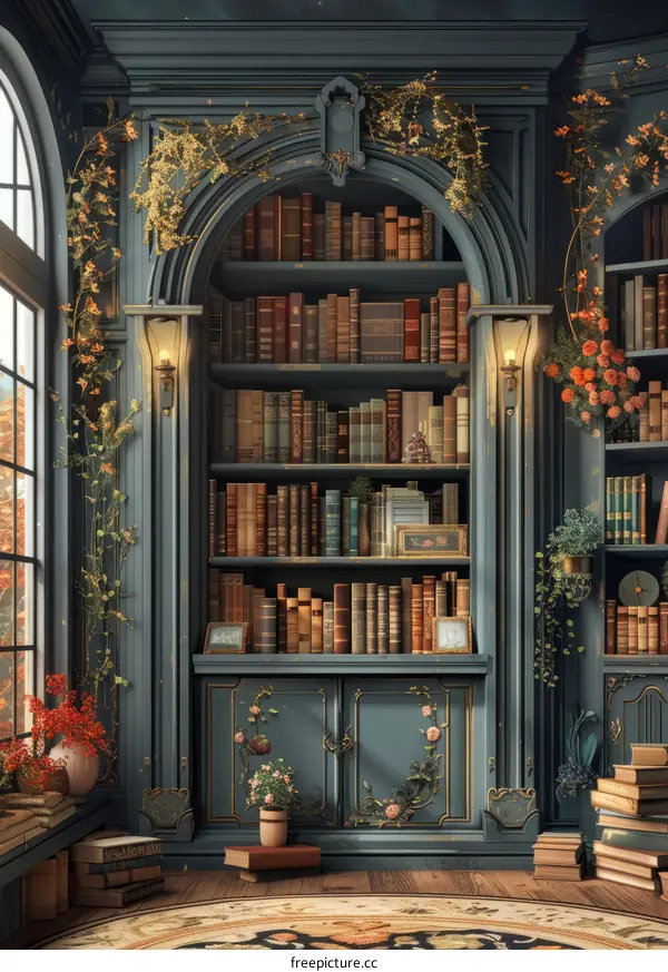 A beautiful library with a large wooden bookshelf filled with books, plants, and flowers