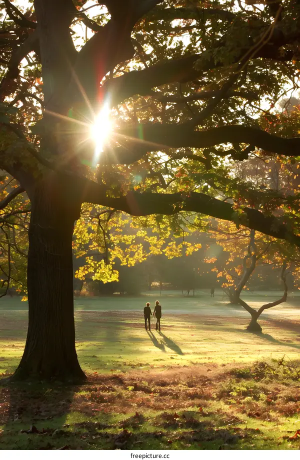Couple Walking Through Park with Sun Shining Through Trees