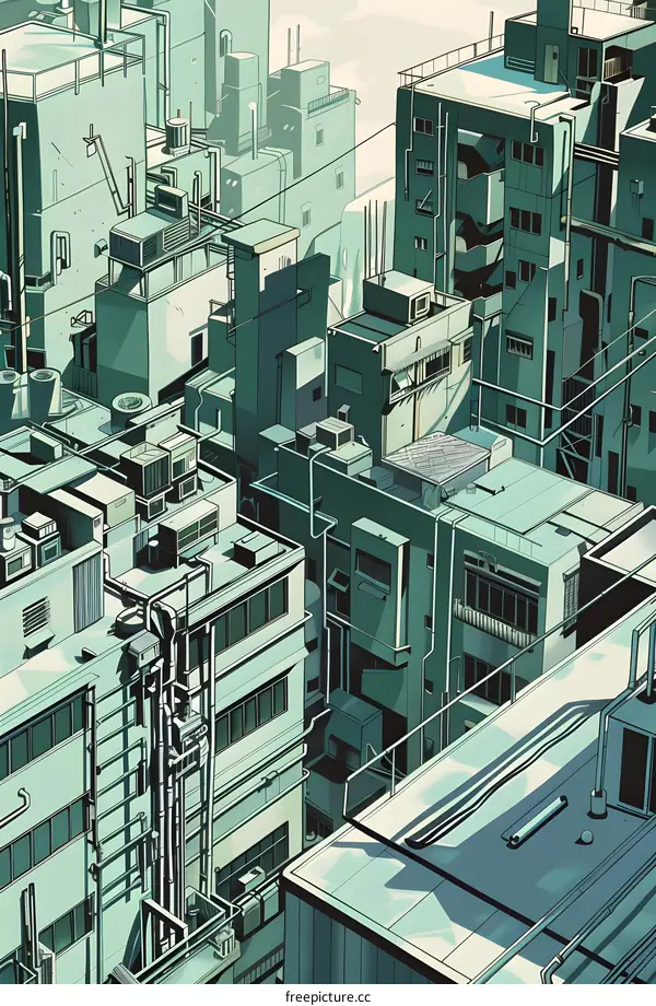 Cityscape Illustration Of Buildings With Pipes And Wires