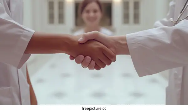 Two doctors in white coats shaking hands with a third person in the background