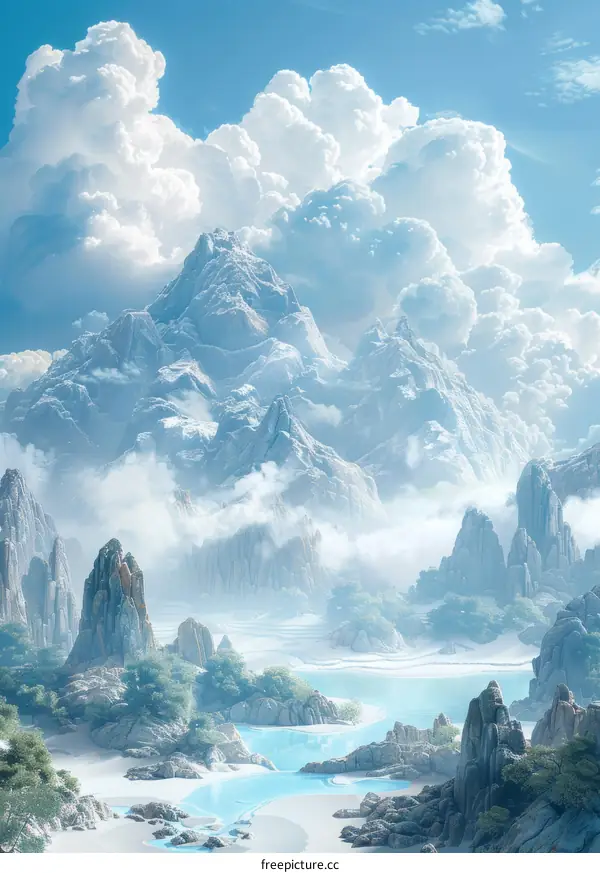 Fantasy Snowy Mountain and Blue Lagoon Landscape