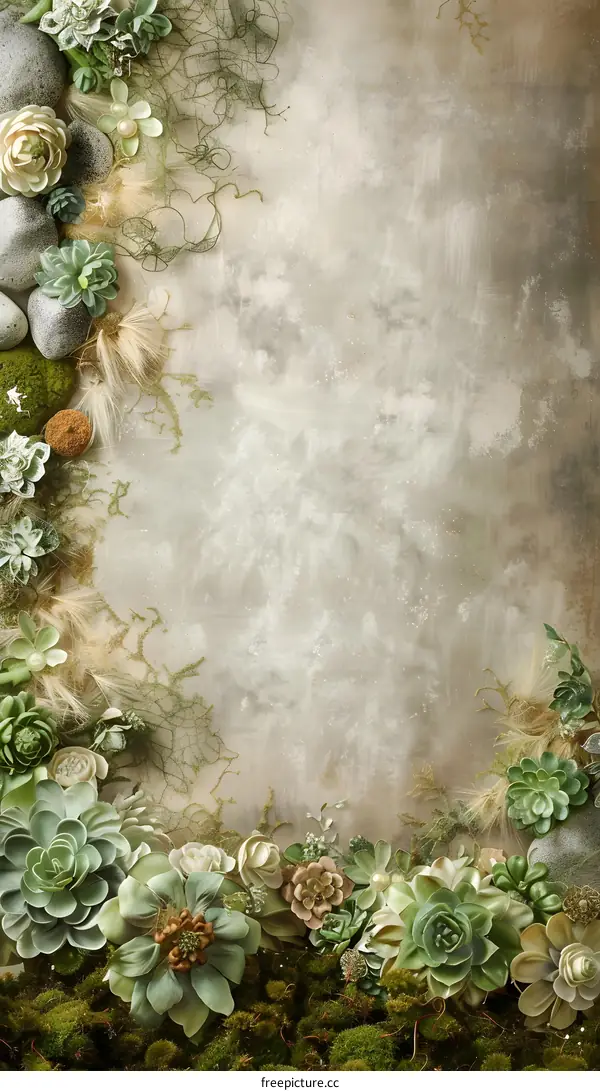 Green Succulents Floral Border on Brown Grunge Background