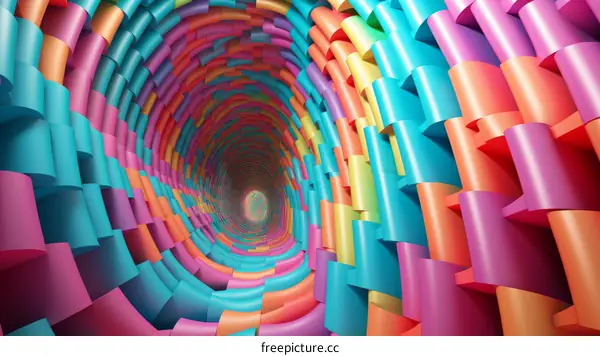 A 3D rendering of a colorful tunnel with a glowing light at the end